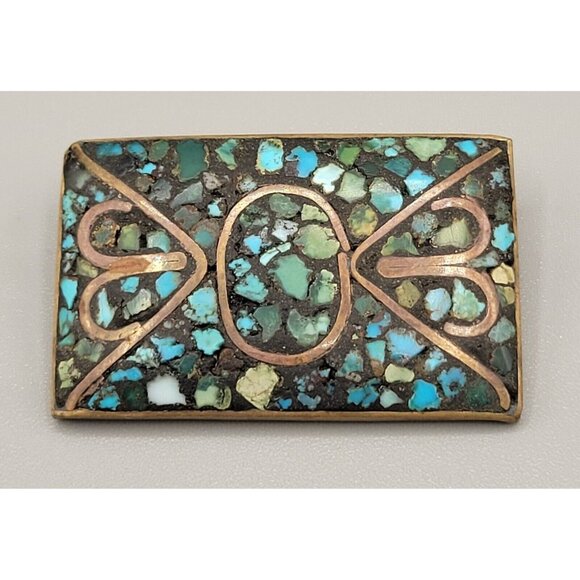 Turquoise Chips Brass Setting Brooch Safety Clasp Pin Made in India - Picture 1 of 4